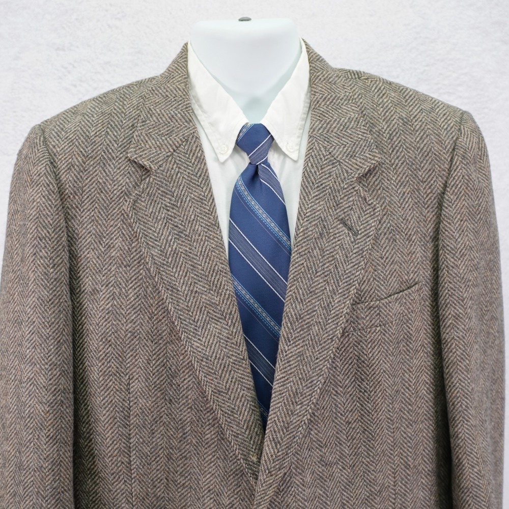 DAMAGED Today's Man Tweed Wool Sport Coat‎ Gray Herringbone Leather Button 40L